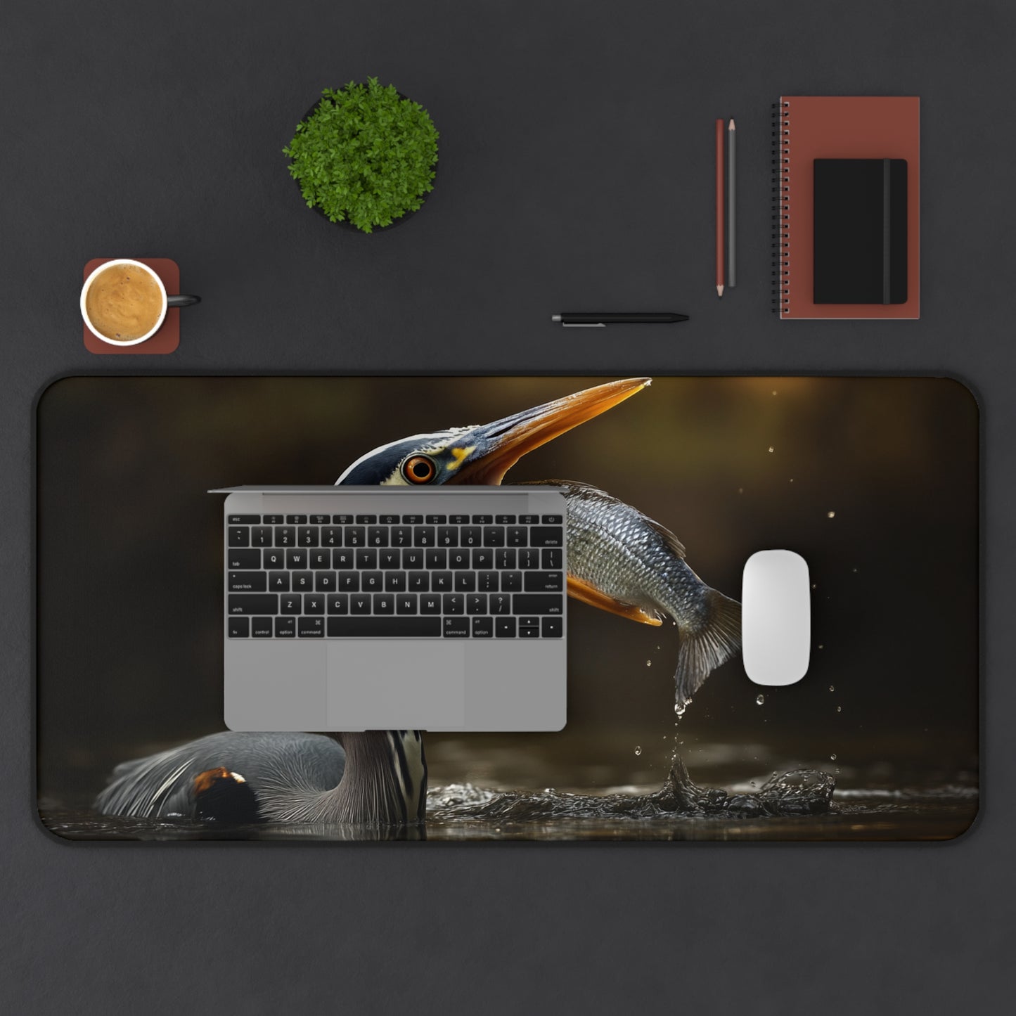 heron eating fish desk mat, Wildlife Desk Pad, Office Decor, Gift for Nature Lovers, Eco-Friendly Desk Accessory