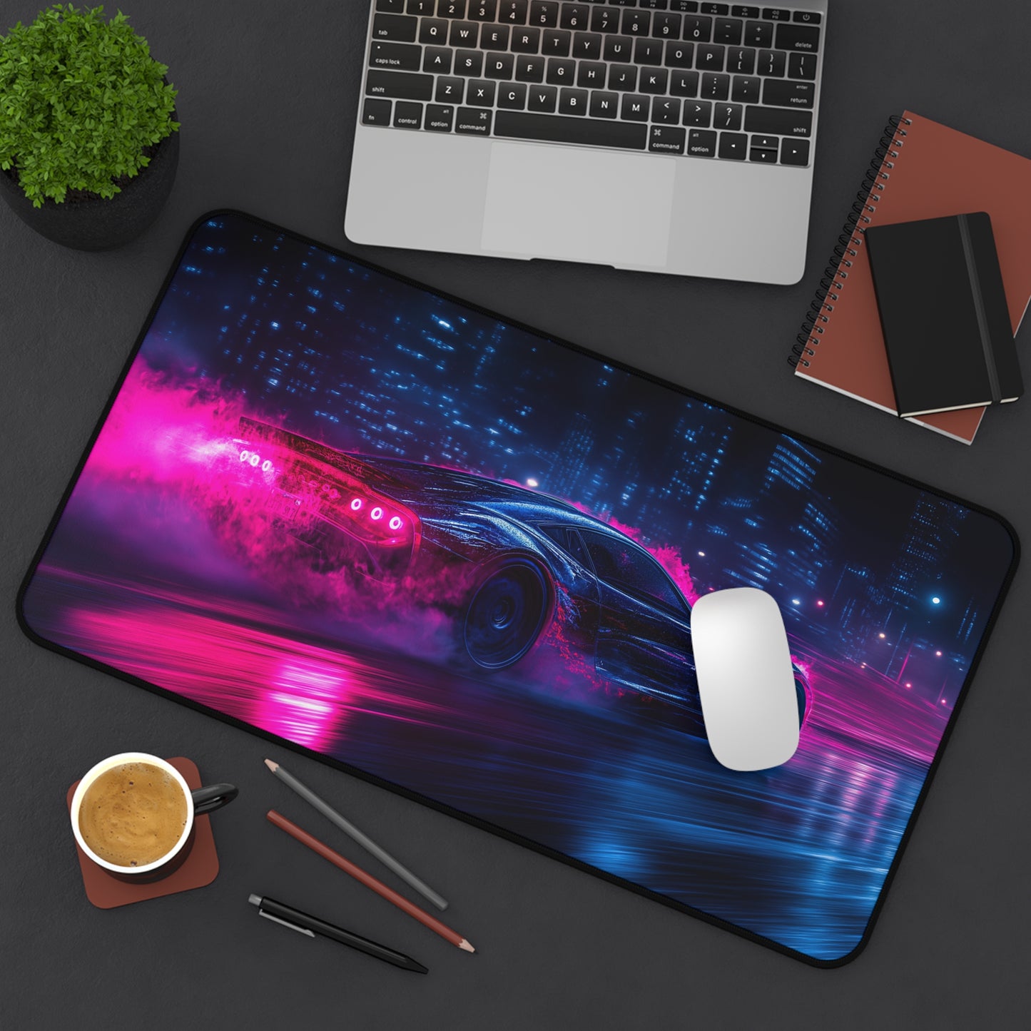 Neon Racer Desk Mat - Gaming, Office, Car Lovers, Modern Decor, Gift for Him, Cool Home Office Accessories