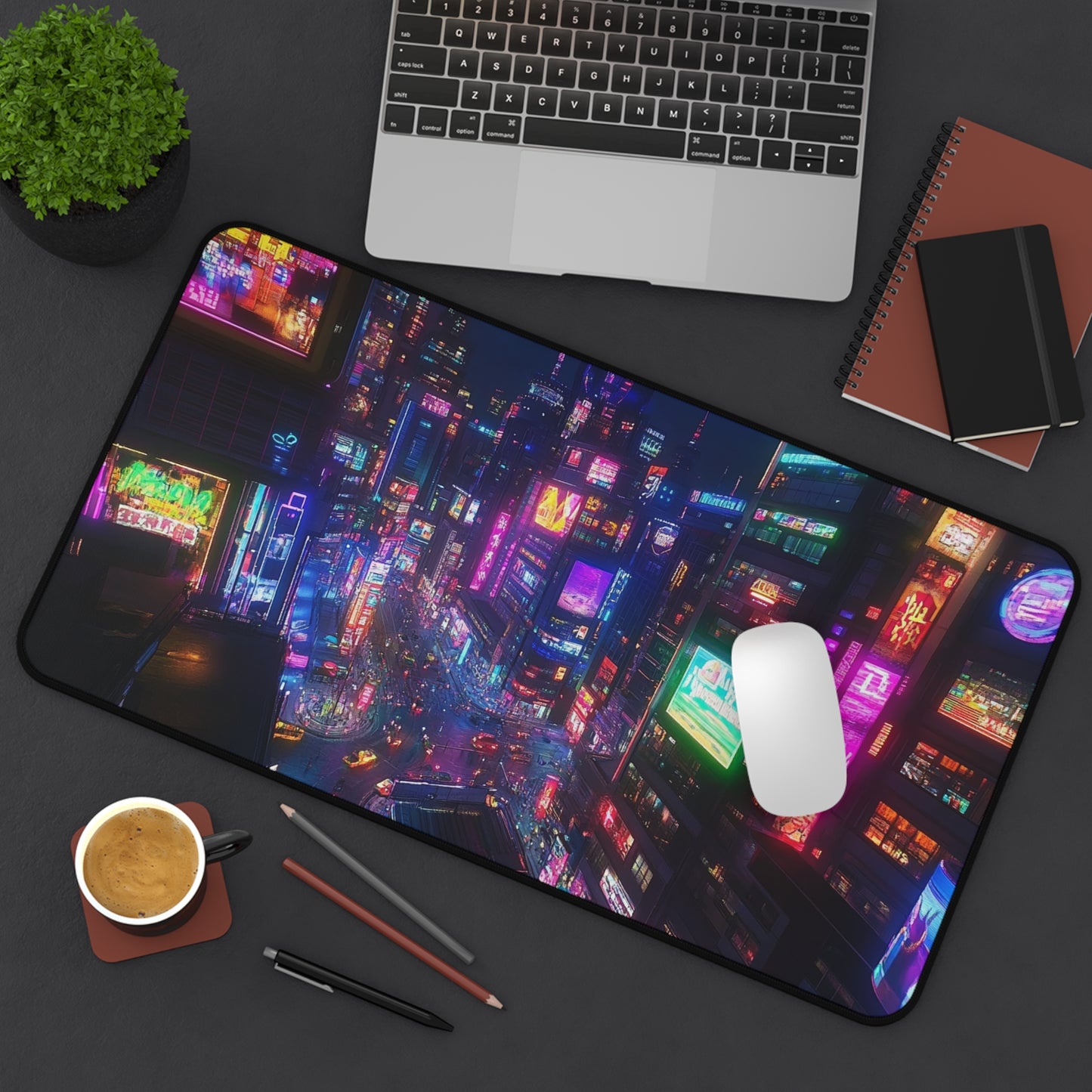 Cyberpunk City Desk Mat - Futuristic Workspace Decor, Gaming or Office Accessories, Gift for Tech Lovers, Virtual Reality Enthusiasts, Neon