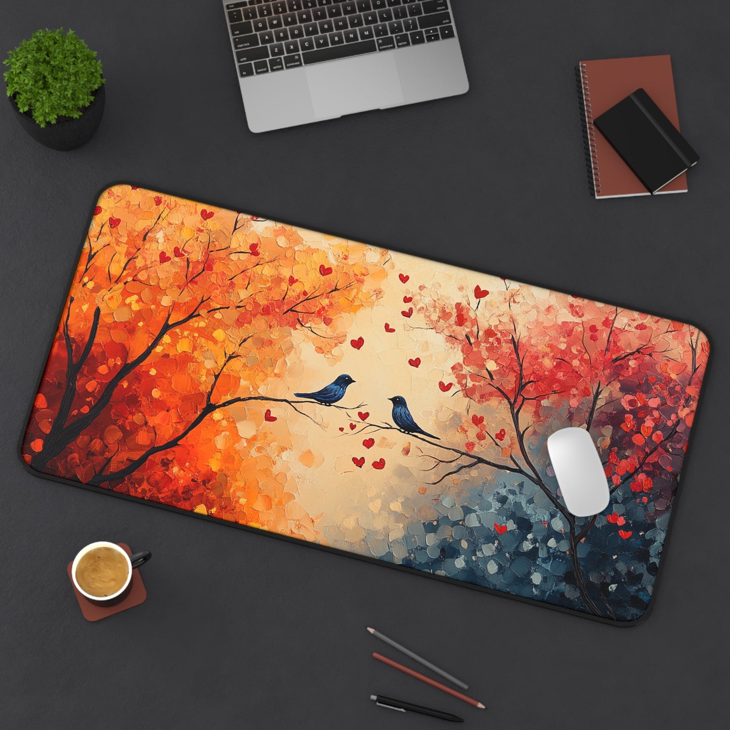 Romantic Birds Autumn Desk Mat, Cozy Home Office Decor, Lovebirds Mouse Pad, Nature Inspired Gift, Fall Aesthetic Workspace