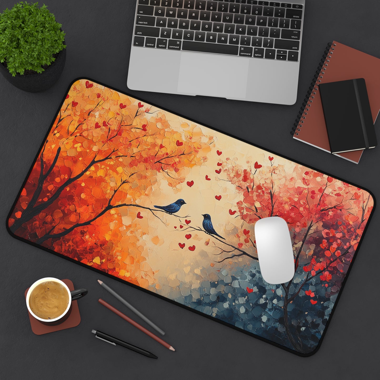 Romantic Birds Autumn Desk Mat, Cozy Home Office Decor, Lovebirds Mouse Pad, Nature Inspired Gift, Fall Aesthetic Workspace