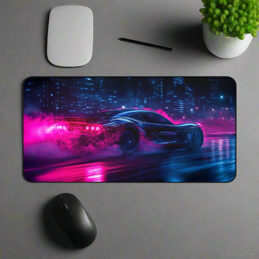 Neon Racer Desk Mat - Gaming, Office, Car Lovers, Modern Decor, Gift for Him, Cool Home Office Accessories