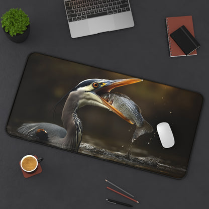 heron eating fish desk mat, Wildlife Desk Pad, Office Decor, Gift for Nature Lovers, Eco-Friendly Desk Accessory