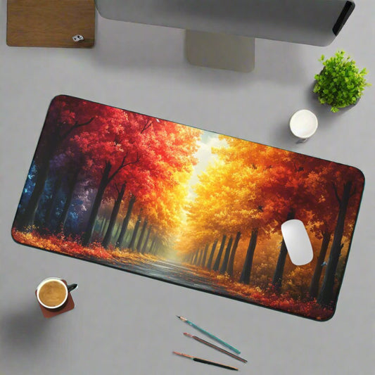 Autumn Forest Desk Mat, Cozy Office Decor, Aesthetic Mouse Pad, Nature Lover Gift, Fall Themed Workspace