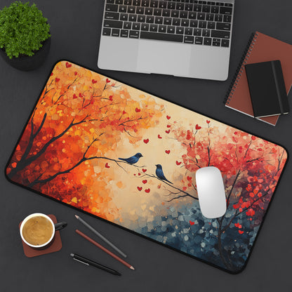 Romantic Birds Autumn Desk Mat, Cozy Home Office Decor, Lovebirds Mouse Pad, Nature Inspired Gift, Fall Aesthetic Workspace