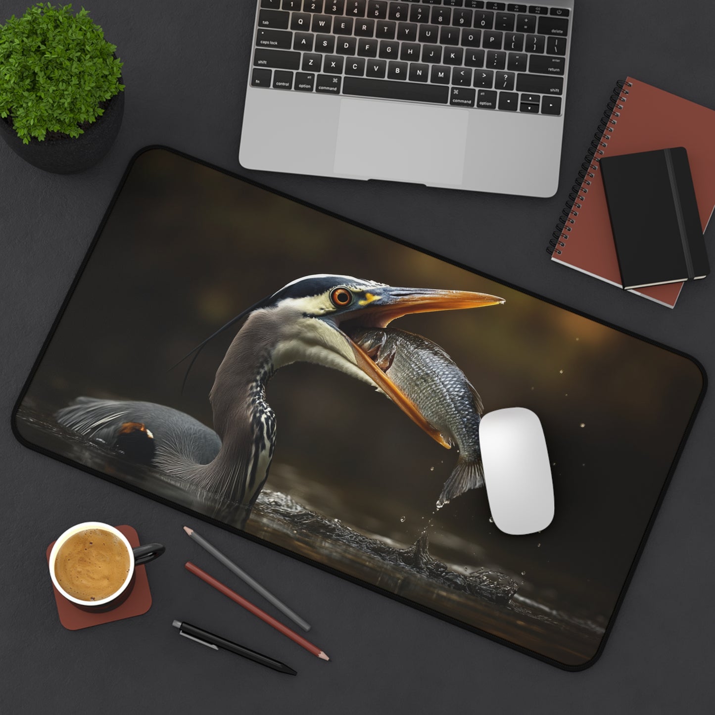 heron eating fish desk mat, Wildlife Desk Pad, Office Decor, Gift for Nature Lovers, Eco-Friendly Desk Accessory