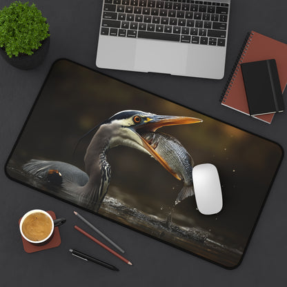 heron eating fish desk mat, Wildlife Desk Pad, Office Decor, Gift for Nature Lovers, Eco-Friendly Desk Accessory