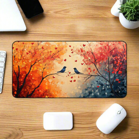 Romantic Birds Autumn Desk Mat, Cozy Home Office Decor, Lovebirds Mouse Pad, Nature Inspired Gift, Fall Aesthetic Workspace